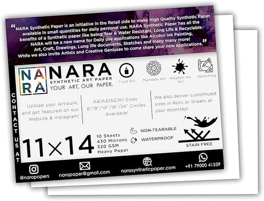NARA Alcohol Ink Paper | White | 11 inches x 14 inches (11”x14”) | 430 microns/320 GSM | Heavy Paper | 10 Sheets | Paper for Alcohol Ink Art Painting | 100% Stain-Free