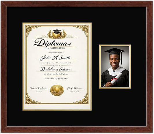 CountryArtHouse Fits 11 x 14 College Diploma (Portrait) and 5 x 7 Photo Diploma and Photo Frame Rustic Walnut Genuine Hardwood with Black Over Metallic Gold Double mat