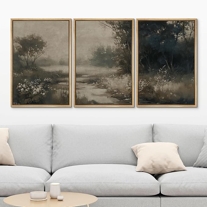 MUDECOR Framed Wall Art Print Set Vintage Landscape Subtle Forest and River in Earthy Tones Illustrations Modern Art Boho Decorative Colorful Chic for Living Room, Bedroom, Office - 24"x36"x3 Natural