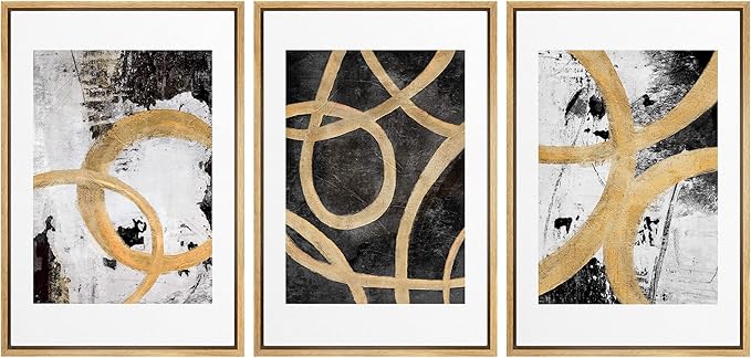 SIGNLEADER Framed Canvas Print Wall Art Set Gold Black Circle Ring Spiral Collage Abstract Shapes Illustrations Modern Art Decorative Contemporary for Living Room, Bedroom, Office - 16"x24"x3 NATURAL
