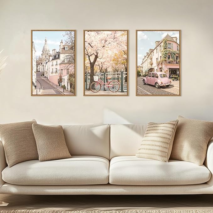 Ausril Italy Pink Cityscape Framed Canvas Wall Art Set, Romantic Flower Street Wall Decor, Vintage Travel City Wall Painting, Italian Pink Bike Art Prints for Living Room, Bedroom, Office - 24"X36"X3