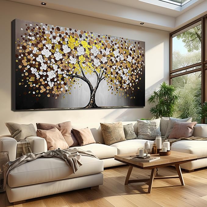 Tree Painting for Living Room for White and Gold Wall Art for Dining Room Extra Large Home Office Decor 47 x 95 Inch