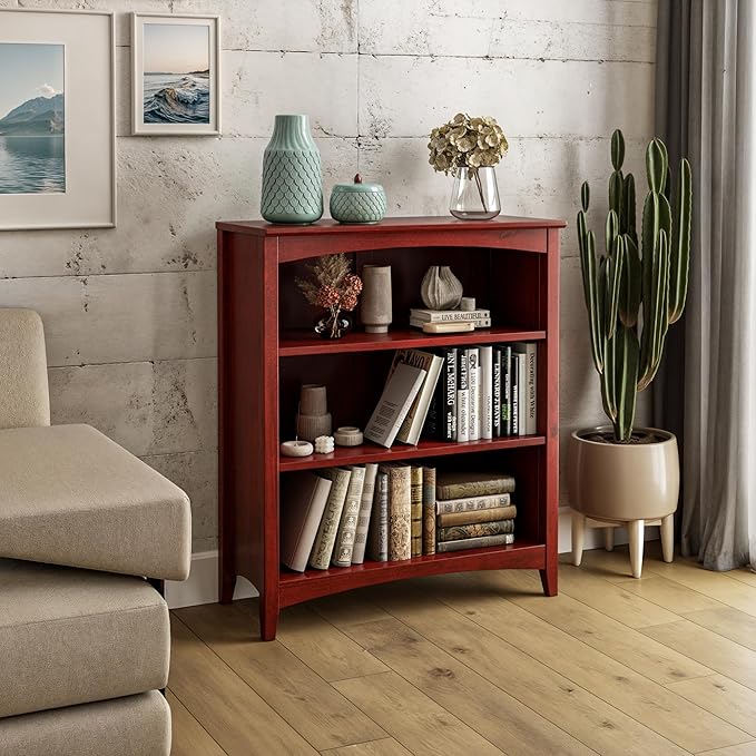 Camaflexi Shaker Style 3 Shelf Bookcase/Solid Wood / 36" High/Adjustable Shelving/Closed Back/Display Bookshelf for Living Room, Bedroom, Home and Office, Red Garnet Stain