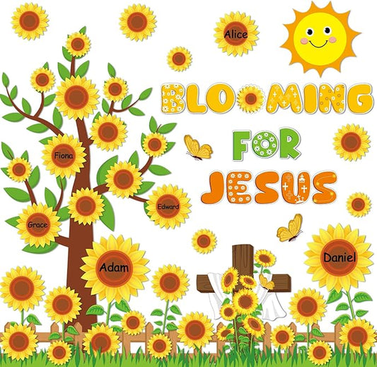 gisgfim Spring Sunflower Bulletin Board Decoration Set Religious Cutouts for Classroom School Welcome Blooming for Jesus Summer Christian Bulletin Board Craft Door Home Wall(Blooming for Jesus)