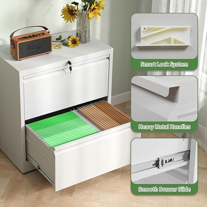 2 Drawer File Cabinet,Metal Lateral Filing Cabinet with Lock,Home Office Storage Organizer Cabinet for Legal/Letter/A4/F4 Size Files,26.8" W,White
