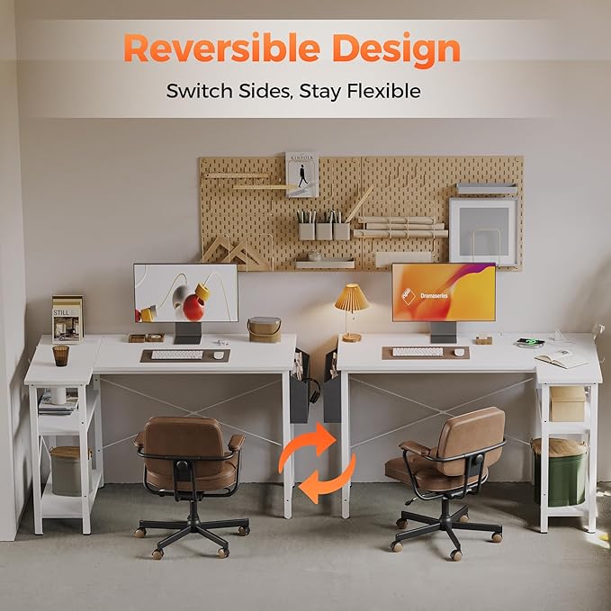 Mericonia Small L Shaped Computer Desk with Power Outlets, Reversible Gaming Desk with Storage Shelves, Corner Gamer Desk Table, Study Writing Table