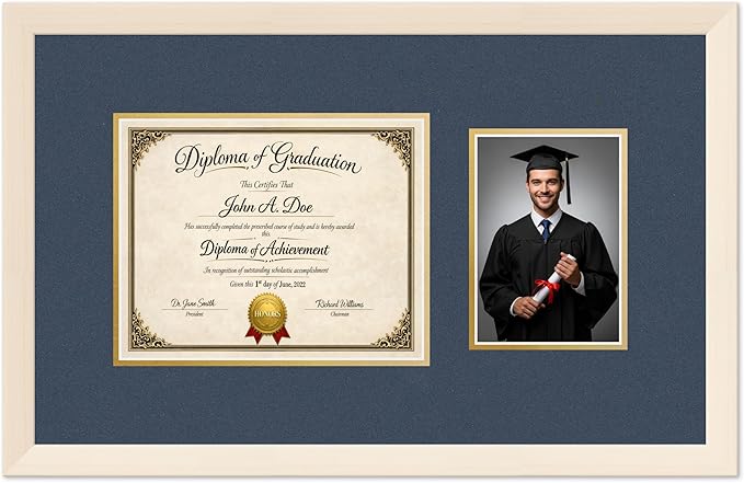 Diploma Frame With Photo Opening Coastal Whitewash Navy Blue Over Gold Mat - Fits 10 x 8 Degree and Picture Made in the USA
