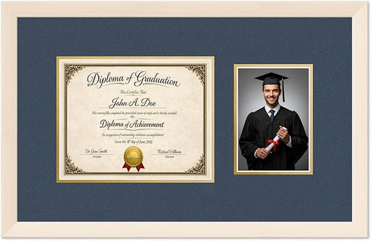 Diploma Frame With Photo Opening Coastal Whitewash Navy Blue Over Gold Mat - Fits 10 x 8 Degree and Picture Made in the USA