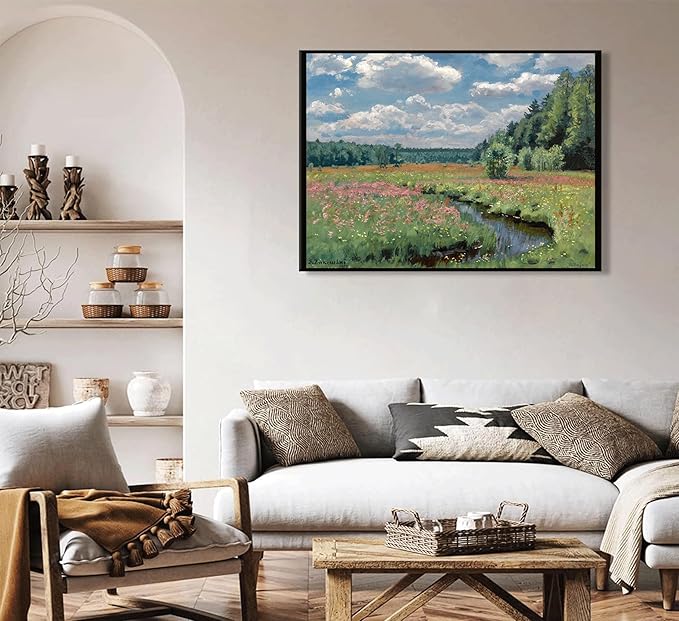 XXOUYLQ Vintage Landscape Canvas Wall Art Wildflower Field Painting Wildflowers Landscape Floral Scenery Oil Posters Wall Decor Unframed