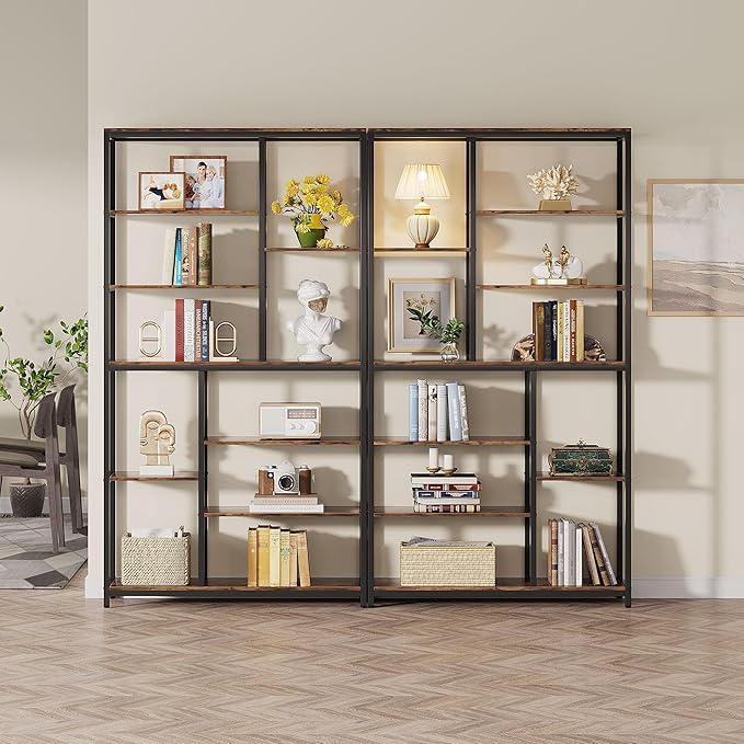 Tribesigns 79-Inch Tall Staggered Bookshelf, Industrial Bookcase with 8 Open Shelves, Wood and Metal Etagere Display Shelf for Living Room, Home and Office