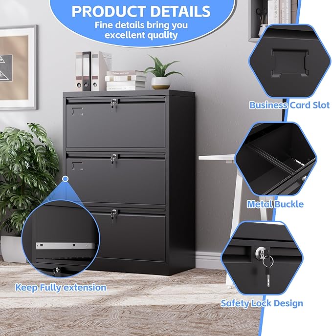 43.62" H Lateral File Cabinet 3 Drawer,Metal Wide Filing Cabinet with Locks and Business Card Slot for Home Office School Hanging Letter/Legal/F4/A4 Size Folders,Required Assembly,Black