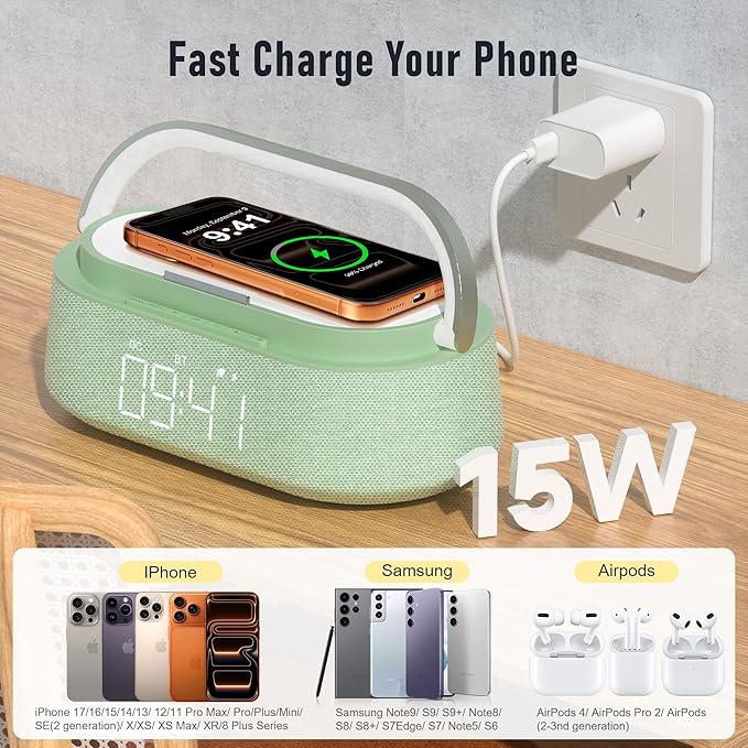 FREEFISH Bluetooth Speaker with Fast Wireless Charger,FM Radio,Touch LED Night Light,Phone Holder,Snooze, Portable Wireless Speaker for Bedrooms Office Home, Gifts