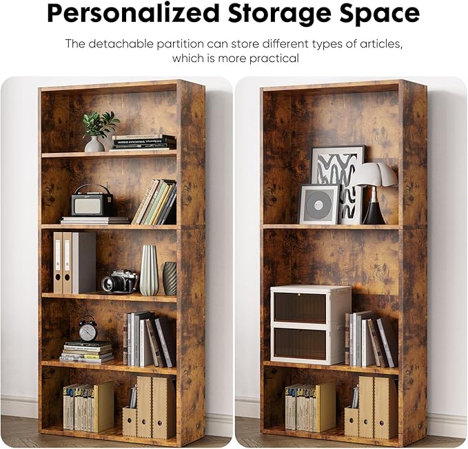 Book Shelf, 5-Tier Bookcase with Adjustable Shelves, Open Storage Shelves for Organization, 23.82 x 9.25 x 53, for Bedroom, Living Room, Home, Office, Rustic Brown