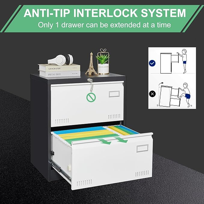 GREATMEET Lateral File Cabinet,Lateral File Cabinet 2 Drawer with Lock,Metal Lateral File Cabinets for Home Office,2 Drawer Lateral Filing Cabinet for Legal/Letter/A4/F4