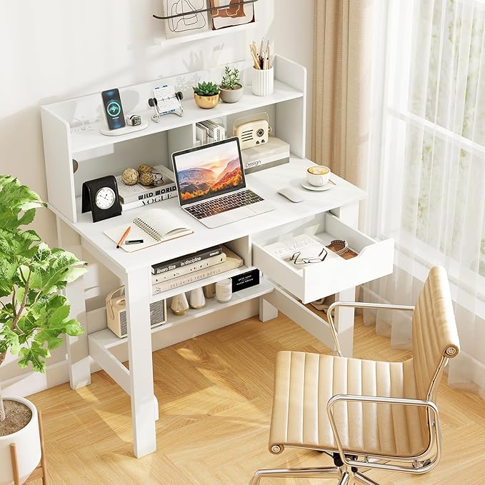 Tangkula White Desk with Hutch & Drawer, Modern Computer Desk with Charging Station USB & Type C Port, Cable Hole, Home Office Desk with Storage Shelves for Study Room Bedroom