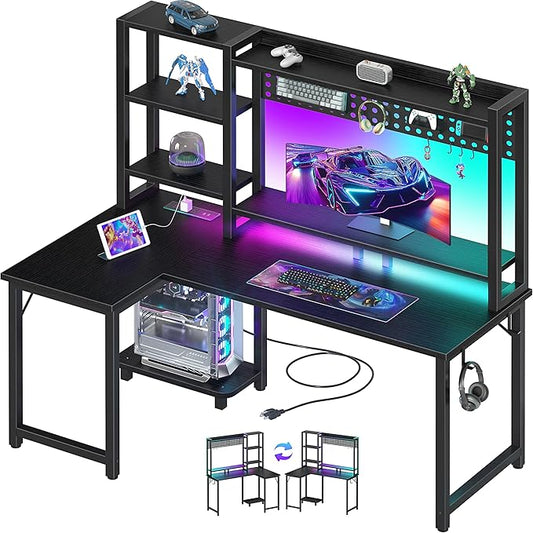 L Shaped Gaming Desk with Shelves - 48 inch Corner Computer Desks with Storage Hutch Shelf Reversible Pegboard Led Lights Power Outlets PC Monitor Stand for Bedroom, Black