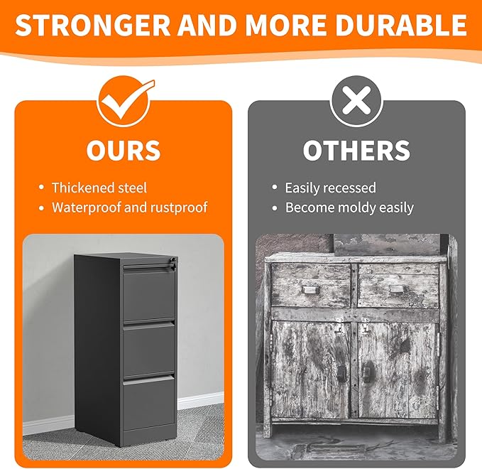 Metal File Cabinet with 3 Drawer Heavy Duty Locking File Cabinets Home Office Steel Black Filing Cabinet with Lock Vertical File Cabinets for Legal/Letter Size File,Assembly Required