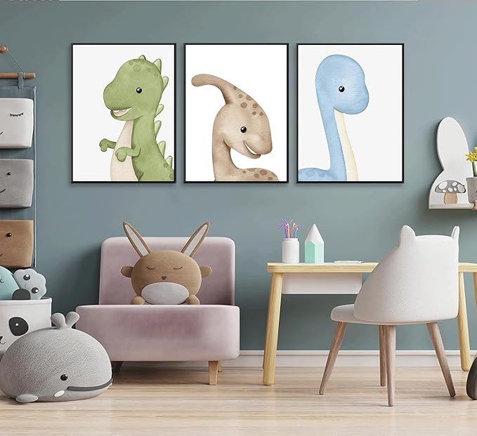 XXOUYLQ 3Pcs Watercolor Dinosaur Wall Art Kids Boys Room Canvas Wall Decor neutral dino Painting nursery Prints Funny Animals Plants Poster for Boys or Girls Bedroom unframed