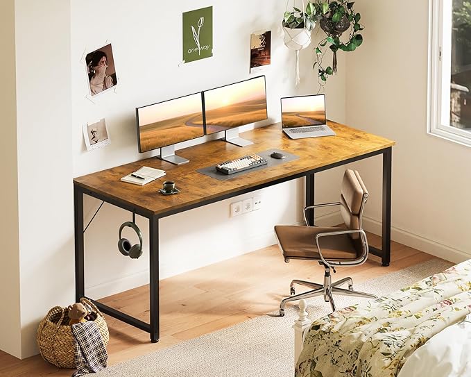 Casaottima 63 Inch Computer Desk for Home Office, Study Writing Table for Small Spaces, Simple Modern Desk with Headphone Hooks, Rustic Brown