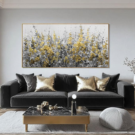 Framed Gold and Grey Abstract Flower Canvas Wall Art 24x48 Inch Textured Floral Painting Modern Decorative Artwork for Living Room Bedroom Office