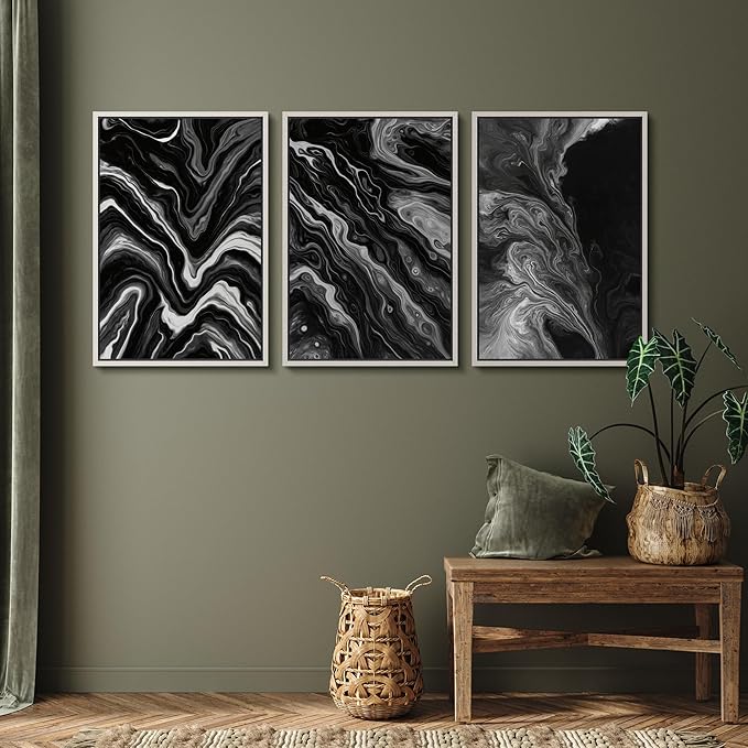 SIGNFORD Framed Wall Art Print Set Monochrome Swirl Abstract Contemporary Black and White Digital Art Modern Art Contemporary for Living Room, Bedroom, Office - 24"x36"x3 WHITE