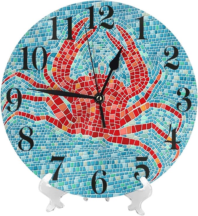 Ocean Sea Crab Wall Clock Battery Operated Silent Non Ticking Round Clock Wall Decor for Home Kitchen Living Room 9.8 Inch