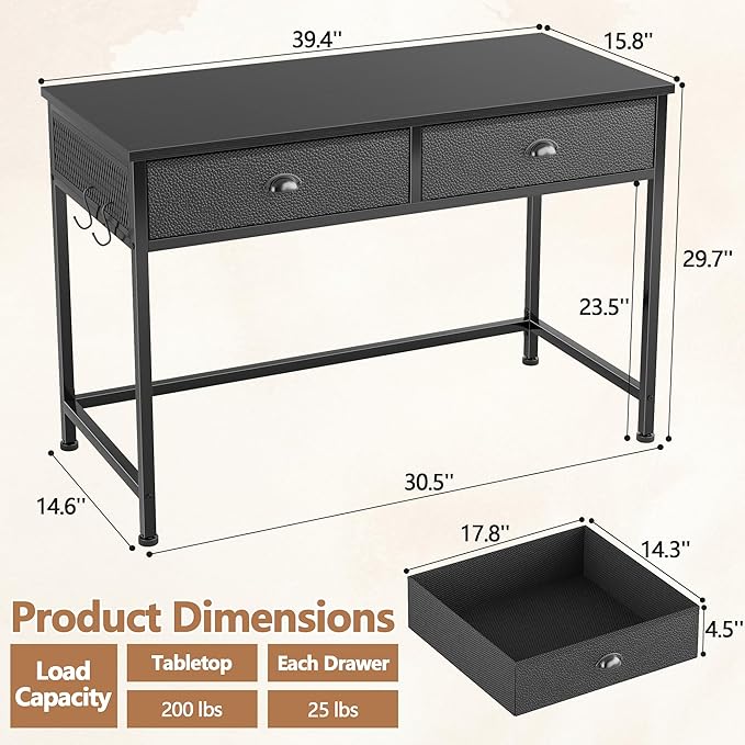 Furologee Small Computer Desk with 2 Fabric Drawers for Bedroom, 40 Inch Simple Home Office Desk for Small Space, Study Work Writing Table with Hooks for Kids Student, Black