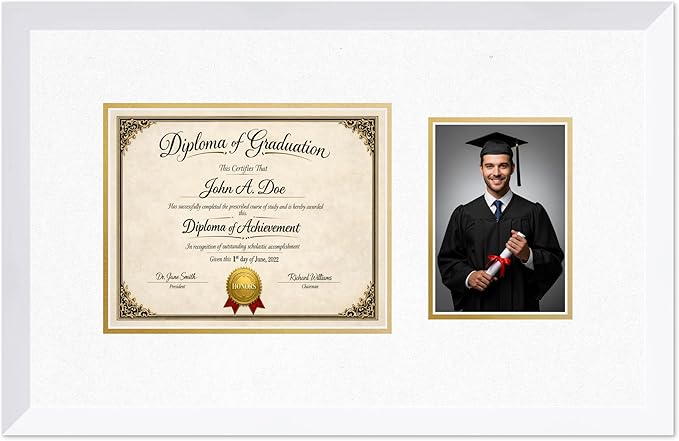 Diploma Frame With Photo Opening Bright White Oyster Shell Over Gold Mat - Fits 10 x 8 Degree and Picture Made in the USA