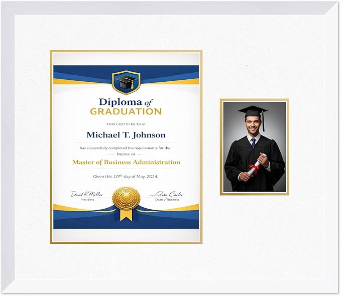 Diploma Frame With Photo Opening Bright White Oyster Shell Over Gold Mat - Fits 11 x 14 Degree and Picture Made in the USA