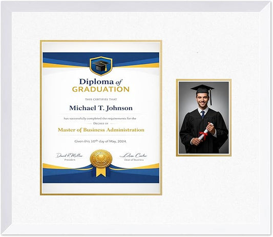 Diploma Frame With Photo Opening Bright White Oyster Shell Over Gold Mat - Fits 11 x 14 Degree and Picture Made in the USA