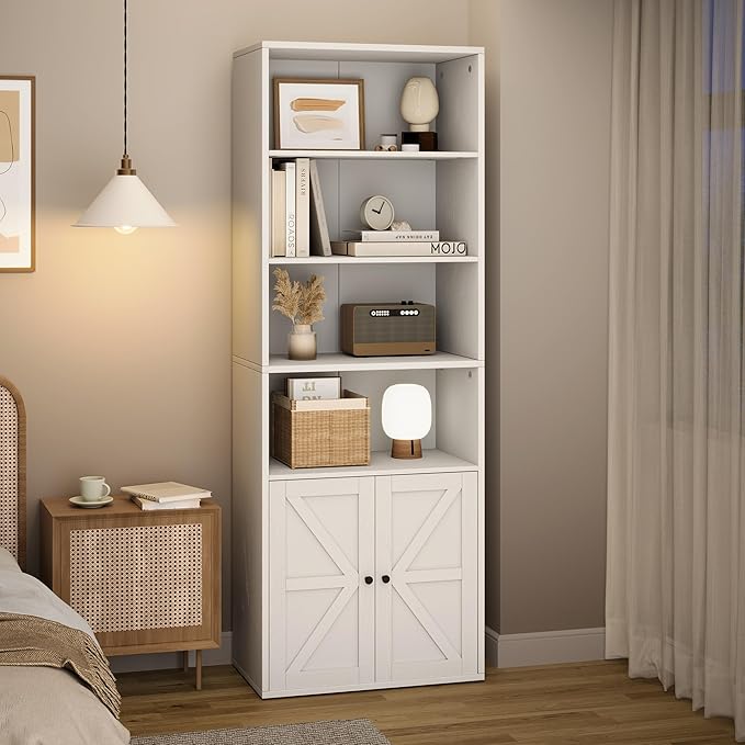 IDEALHOUSE Bookcase with Doors Industrial Bookshelf 11.8in Depth Display Storage Shelves 71.4in Tall Farmhouse Bookcases Wooden 6 Shelf Bookshelvels for Bedroom, Living Room, Home Office (White)