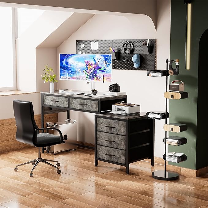 Unikito Computer Desk with 5 Drawers, Reversible Home Office Desk with Power Outlets, Sturdy Writing Desk with File Cabinet and Printer Stand, Vanity Desk with Storage for Small Space, Black Oak