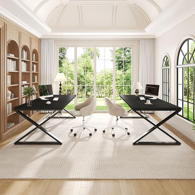 IBF Black Desk, Large Home Office Work Desk, 78.7” Long Computer Desks, Simple Wide Study Writing Desk, Wood Metal Double PC Executive Workstation Gaming Desk Computer Table for Bedroom, Black Oak