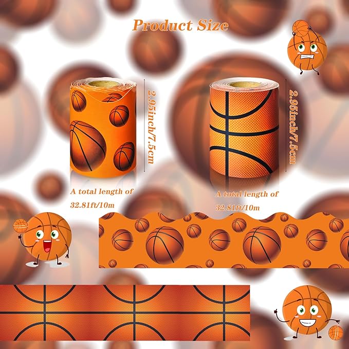 65.6ft Bulletin Board Border Decorations - 2 Rolls Basketball Trim, Reusable Classroom Edging for Back to School Decor, Teacher Homeschool Supplies