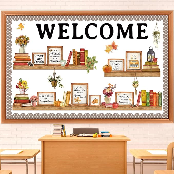 Qilery Bookshelf Bulletin Board Set Welcome Fall Motivational Classroom Decor Reading Library Bulletin Board Set Inspirational Cutout for Back to School Classroom Decoration