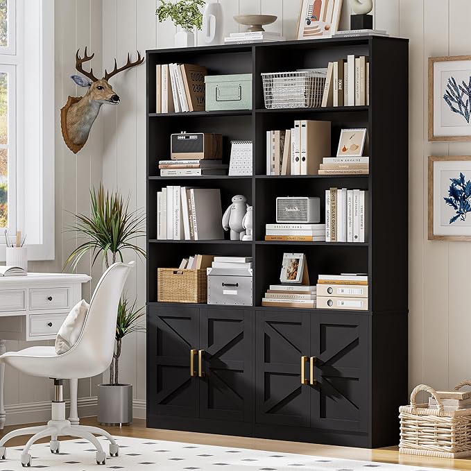 Black 6 Tier Double Bookshelf with Storage Set of 2, 71" Tall Farmhouse Bookcase with 8 Doors, Floor Standing Open Display Shelves, Wooden Book Shelf Organizer for Home Office Library