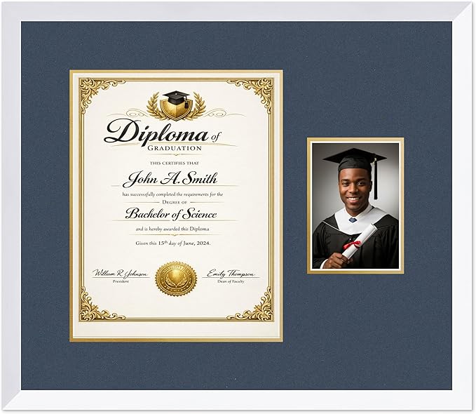 CountryArtHouse Fits 11 x 14 College Diploma (Portrait) and 5 x 7 Photo Diploma and Photo Frame Bright White Genuine Hardwood with Navy Blue Over Metallic Gold Double mat