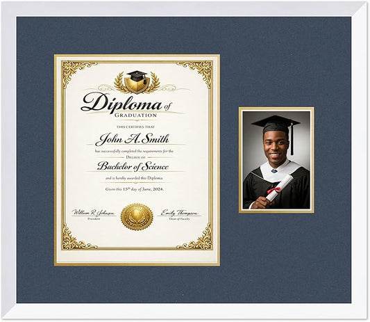 CountryArtHouse Fits 11 x 14 College Diploma (Portrait) and 5 x 7 Photo Diploma and Photo Frame Bright White Genuine Hardwood with Navy Blue Over Metallic Gold Double mat