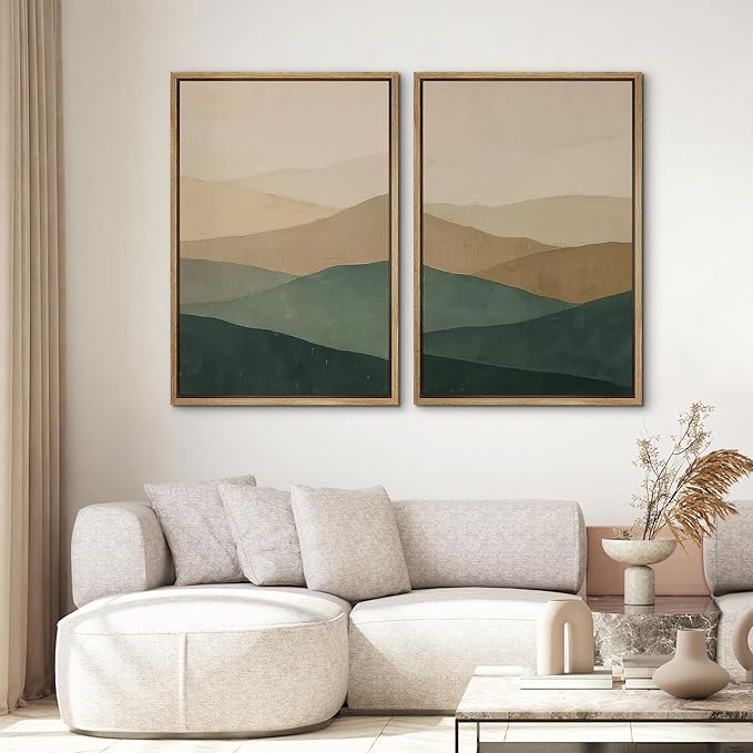 SIGNWIN Framed Canvas Print Wall Art Set Green and Beige Abstract Mountain Landscape Illustrations Modern Art Minimal Boho Relax/Calm for Living Room, Bedroom, Office - 24"x36"x2 Natural