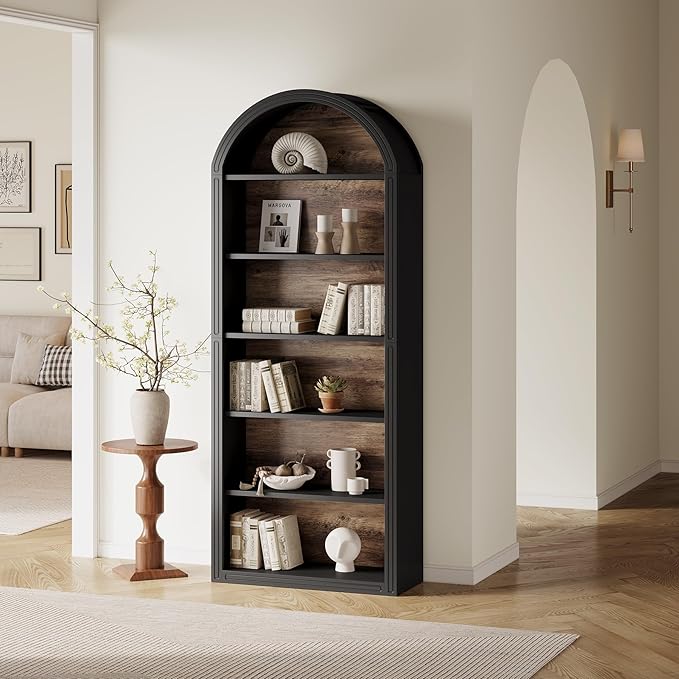 LITTLE TREE 6-Tier Bookcase, 77" Tall Bookshelf with Arched Top, Large Freestanding Wooden Open Bookcase Bookshelf, Modern Display Book Shelf for Living Room, Bedroom, Office, Library, Black Brown