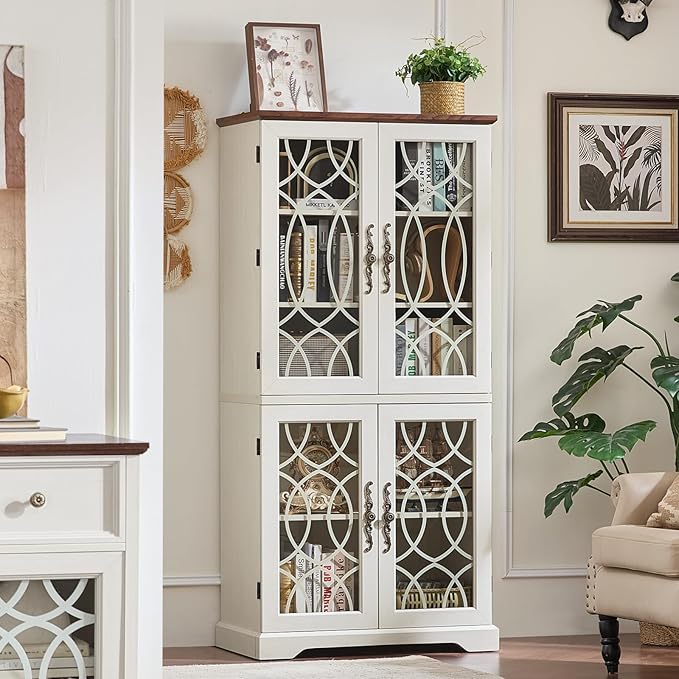 67" Tall Bookshelf Set of 3, Vintage Book Shelf with Glass Doors, 5-tier Wood Bookcase with Adjustable Storage Shelves, Freestanding Rustic Curio Display Cabinet for Living Room, Office, White