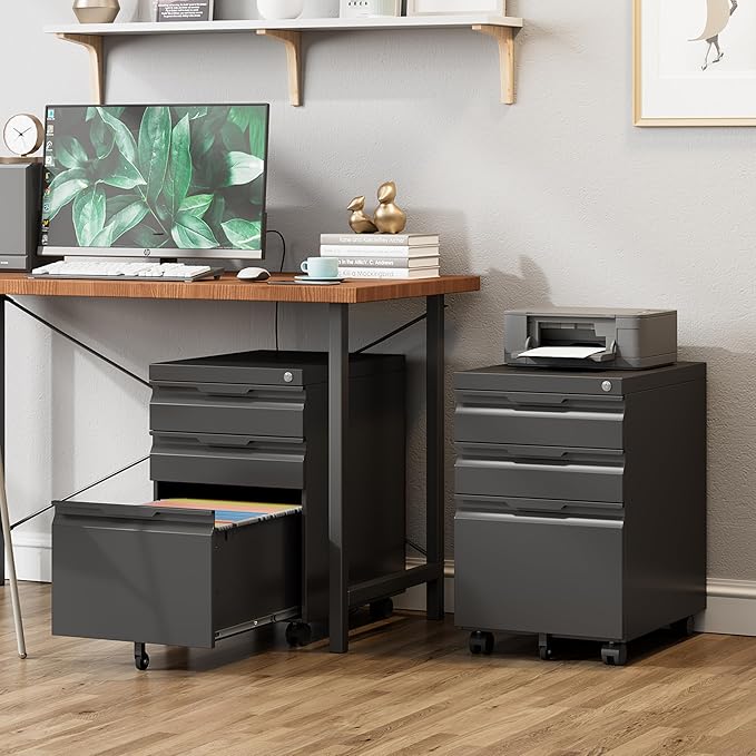 3 Drawer Metal Rolling File Cabinet with Lock, Under Desk Mobile Filing Cabinet for Home Office, Steel Storage Cabinet with Wheels for A4/Letter/Legal Documents, Easy Assembly, Black