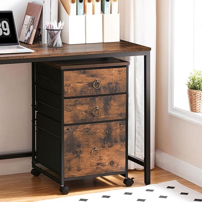 HOOBRO 3-Drawer Mobile File Cabinet, Vertical Filing Cabinet, Under Desk Cart with Drawers for Home Office, Rolling Printer Stand, A4/Letter-Sized, Fabric Drawer, Rustic Brown BF30WJ01