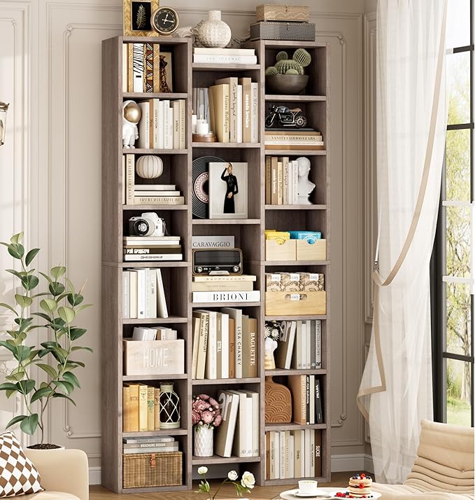 FOTOSOK 71'' Tall Bookshelf with 21 Cubes, 8 Tier Triple Wide Bookshelf with 8 Adjustable Shelves, 35" Large Bookcase DVD/CD Media Tower Storage, Freestanding Display Shelf Cabinet, Oak