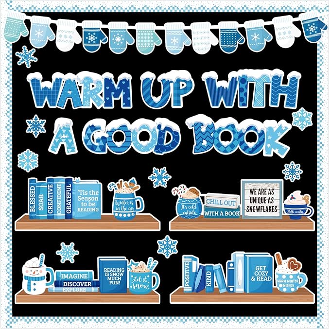 Pasimy 79 Pcs Winter Bookshelf Bulletin Board Decoration Warm Up with A Good Book Bulletin Board Snowflake Paper Cutout Winter Motivational Classroom Decor for School Chalkboard Window Wall Home Decor