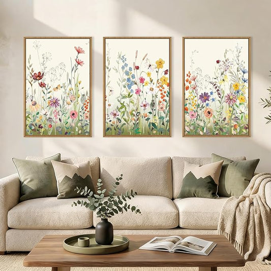 Aryroi Large Colorful Wildflower Framed Canvas Wall Art Set,Vintage Spring Flowers Green Leaf Decor,Watercolor Daisy Floral Botanical Artwork for Living Room, Bedroom,Office- 16"x24"x3