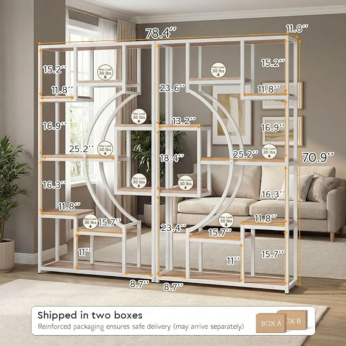 70.8" Tall Bookshelf Set of 2, Etagere Bookcases with 18 Storage Shelves, 79" Wide Geometric Display Shelf with Adjustable Feet & Anti-Tip Kit for Living Room, Home Office
