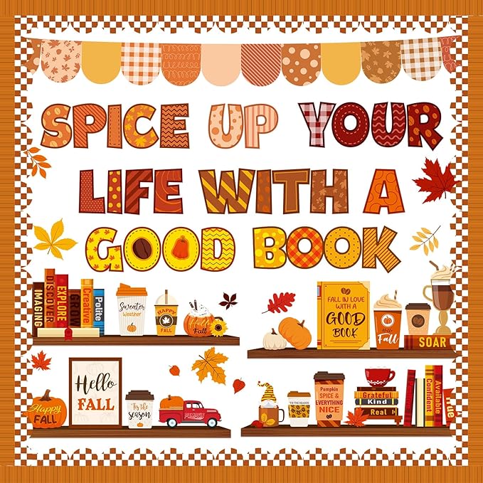 Pasimy Fall Thanksgiving Bulletin Board Decorations Bookshelf Reading Library Spice up Your Life with a Good Book Classroom Decorations Autumn Inspirational Fall in Love with a Good Book Cutouts