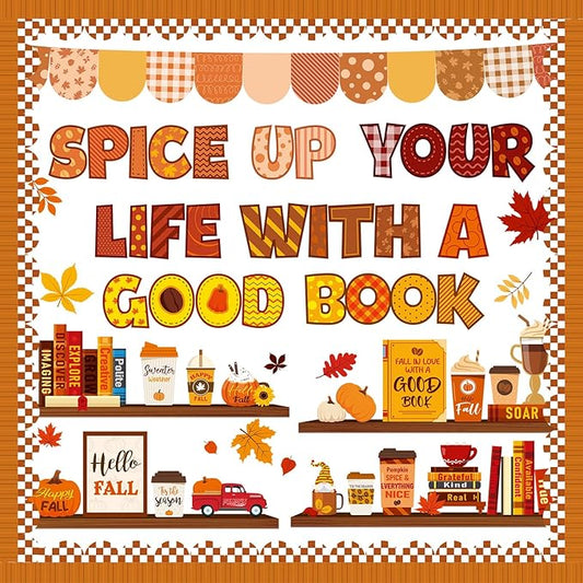 Pasimy Fall Thanksgiving Bulletin Board Decorations Bookshelf Reading Library Spice up Your Life with a Good Book Classroom Decorations Autumn Inspirational Fall in Love with a Good Book Cutouts