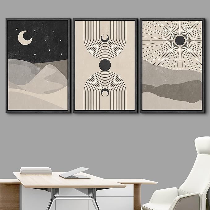 IDEA4WALL Framed Canvas Print Wall Art Set Crescent Moon Shining Sun Tropical Desert Astronomy & Space Nature Illustrations Modern Art Rustic for Living Room, Bedroom, Office - 24"x36"x3 Black